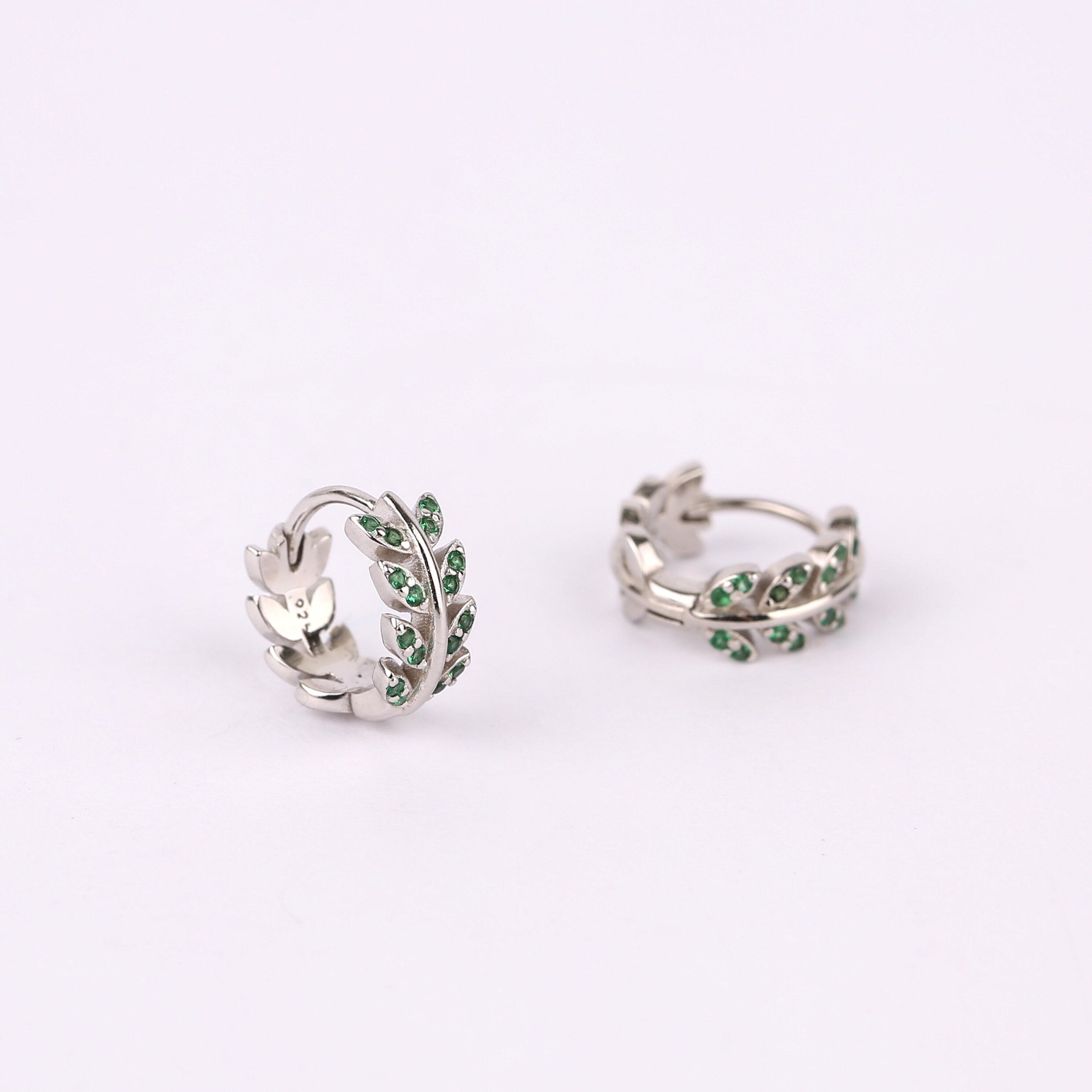 Emerald Green CZ Olive Leaf Huggie Hoop Earrings