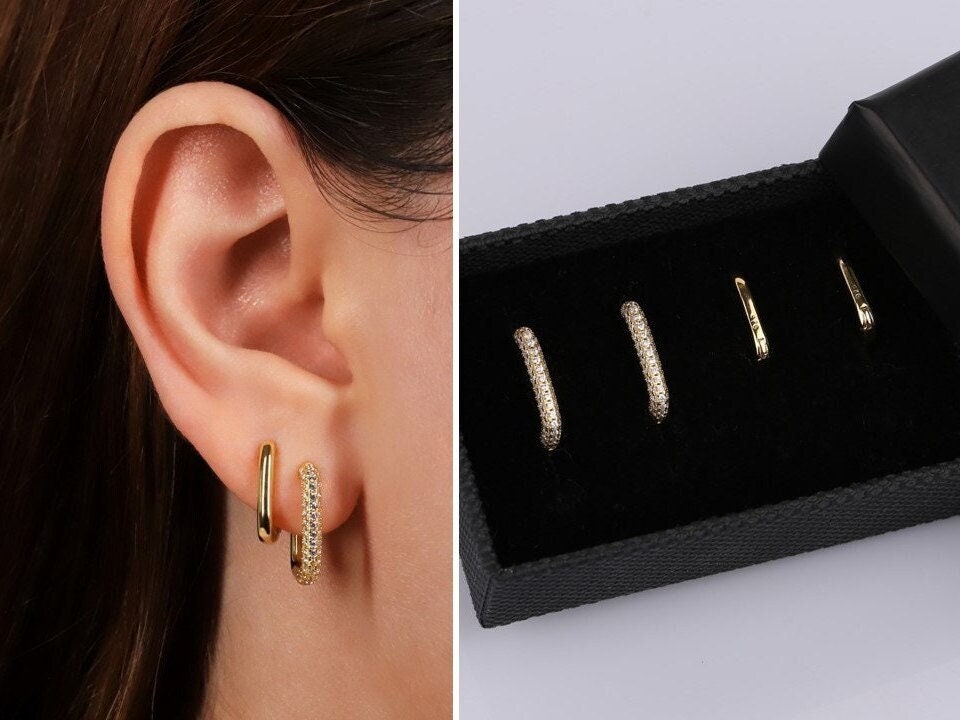 Dainty Gold Link Huggie Hoop Earrings Set
