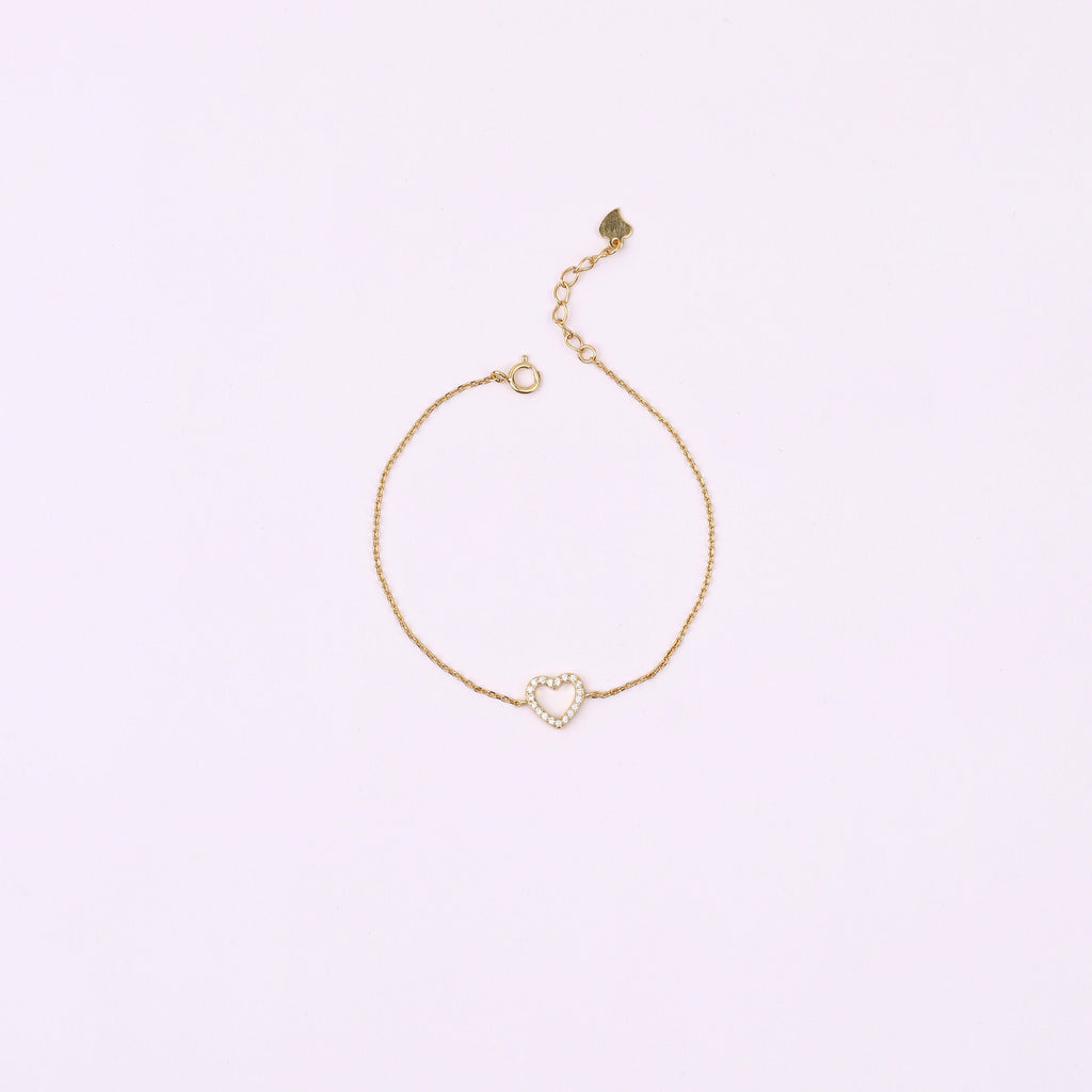 Tiny Pave Open Heart Charm Bracelet in Sterling Silver