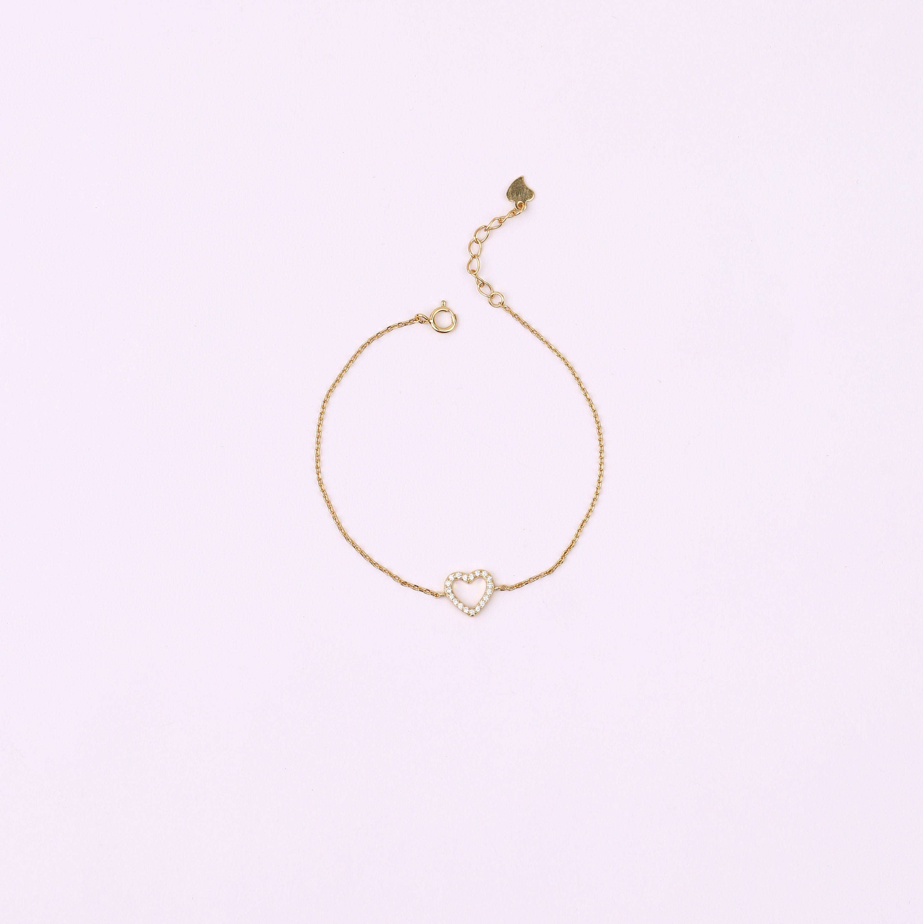 Tiny Pave Open Heart Charm Bracelet in Sterling Silver