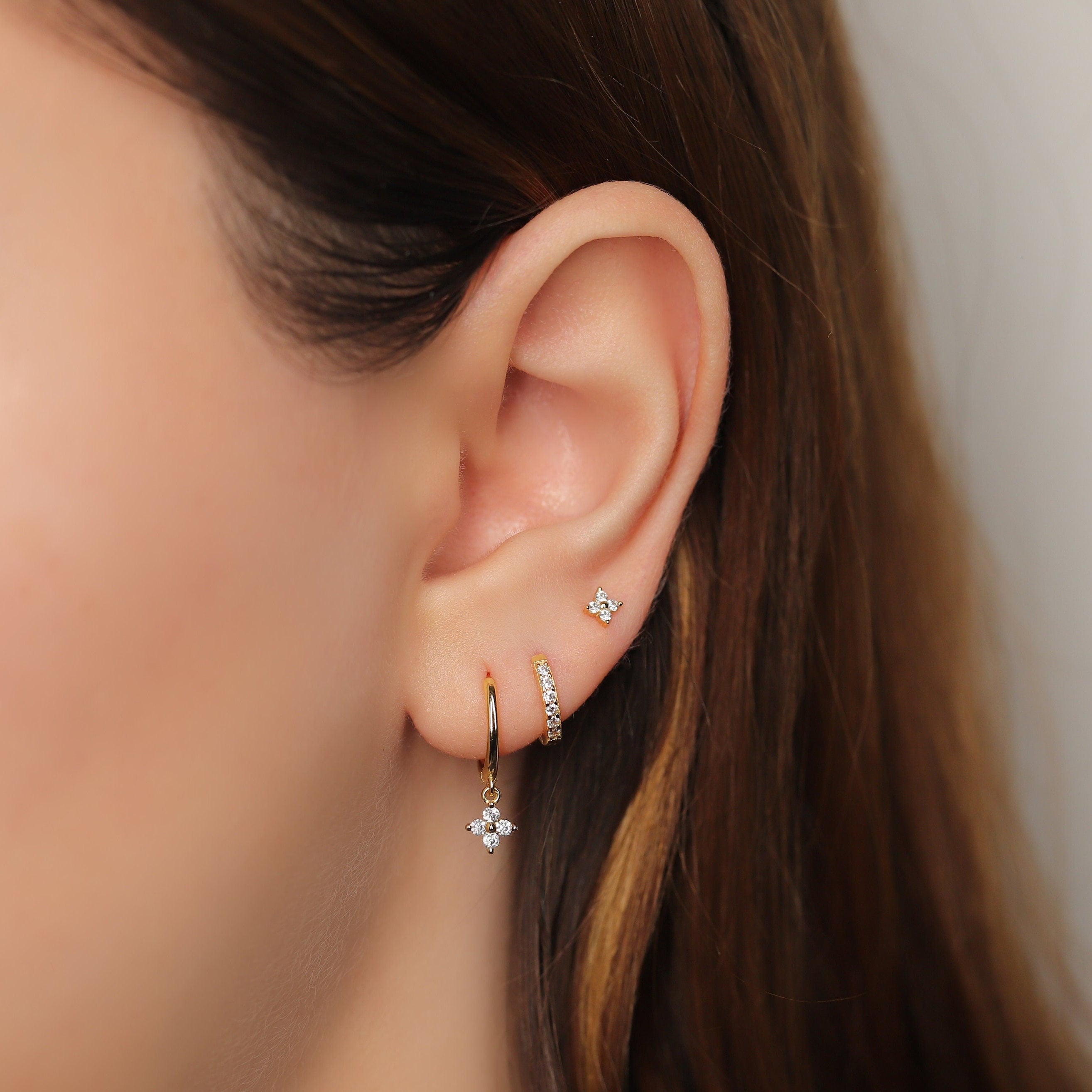 Gold Flower Charm Dangle Hoop Earrings Set