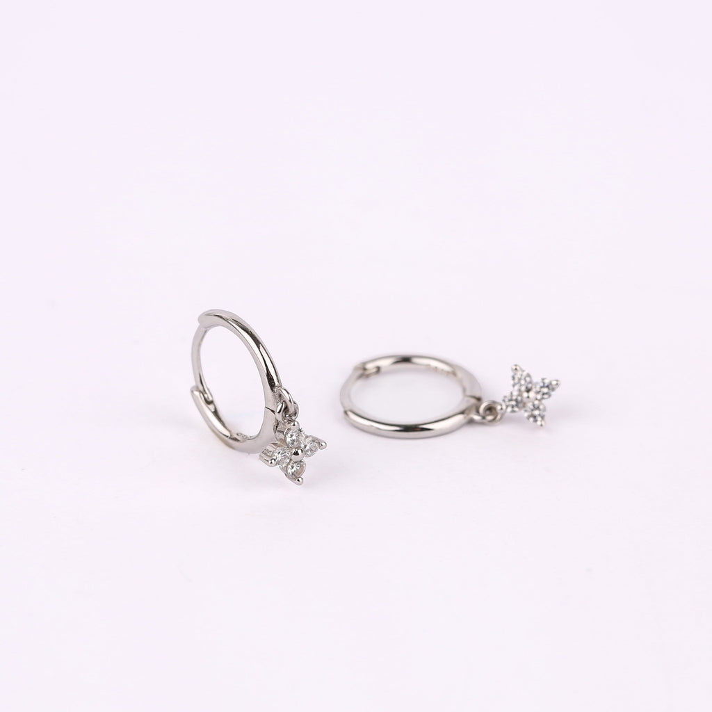 Tiny Sterling Silver Dangle Flower Charm Hoop Earrings