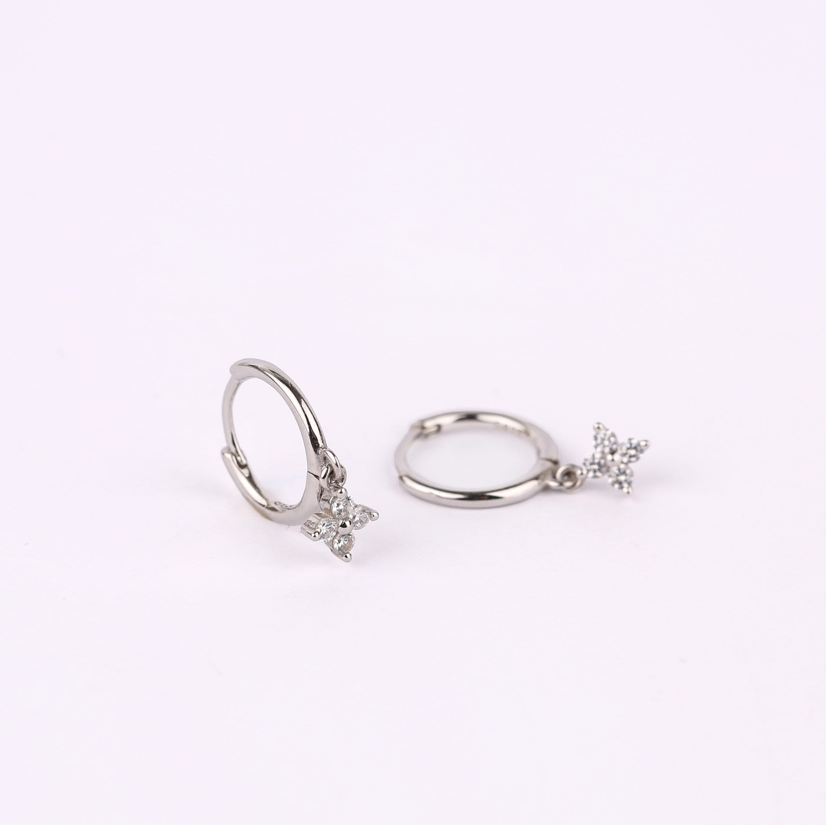 Tiny Sterling Silver Dangle Flower Charm Hoop Earrings
