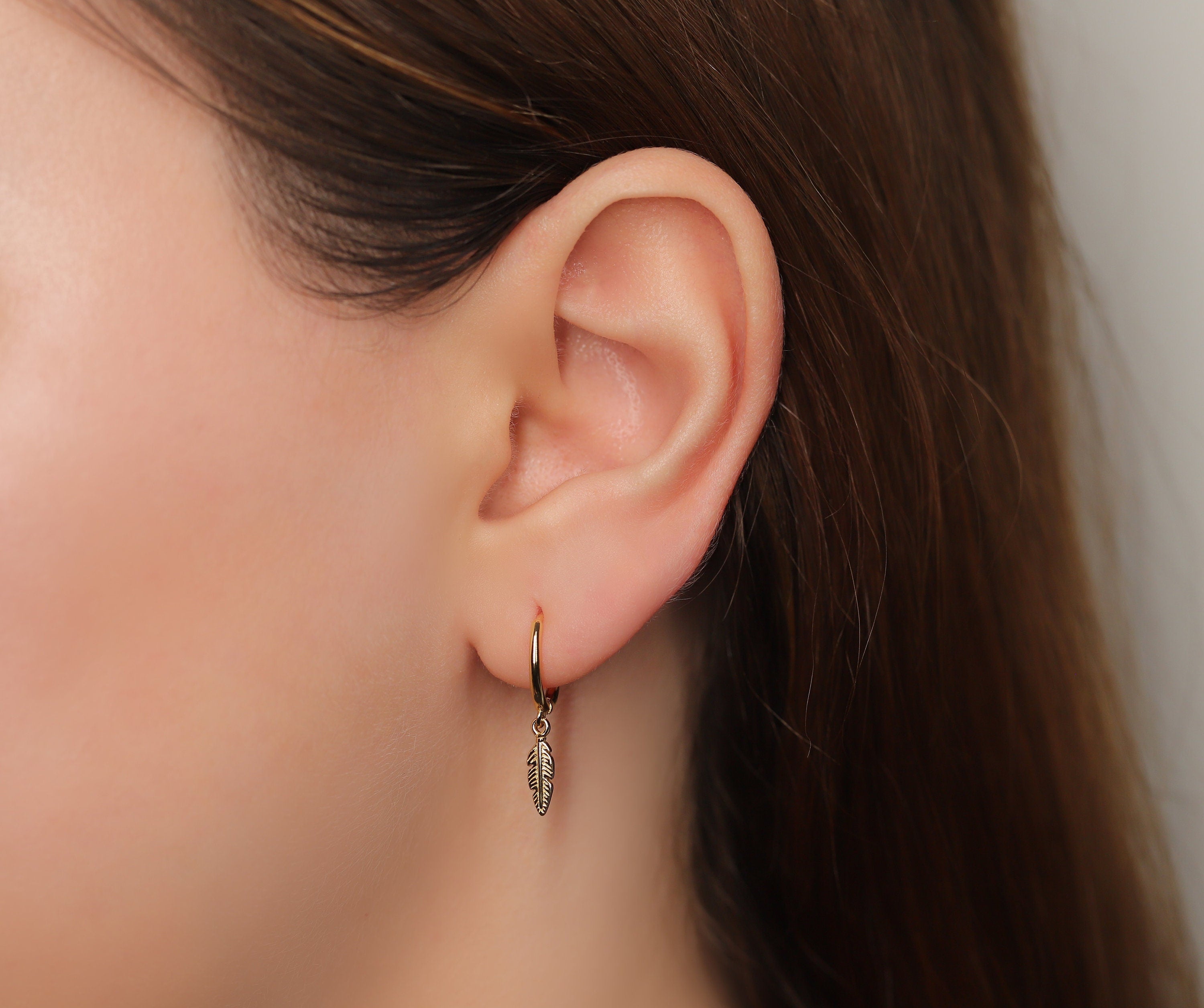 Dainty Leaf Charm Hoop Earrings