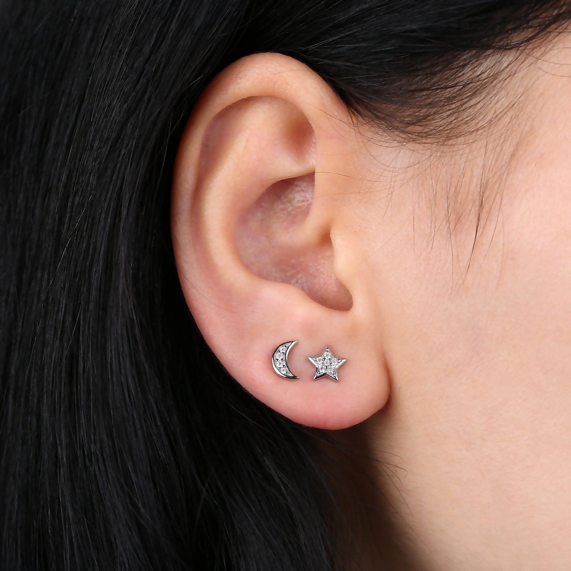 Mismatched Tiny Moon and Star Stud Earrings