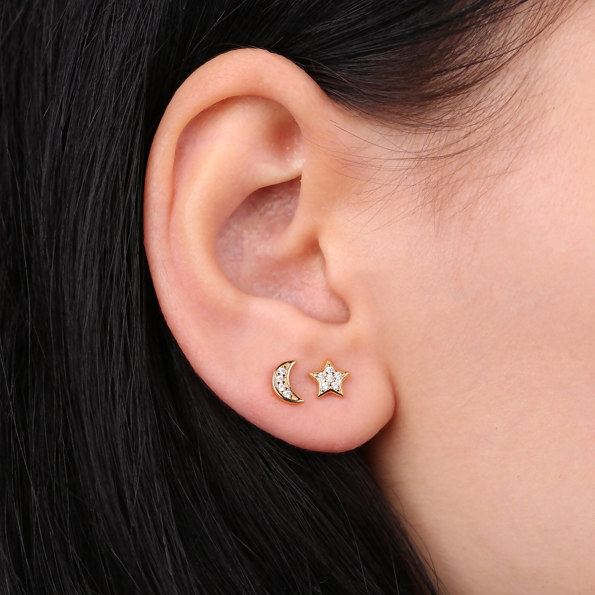 Mismatched Tiny Moon and Star Stud Earrings