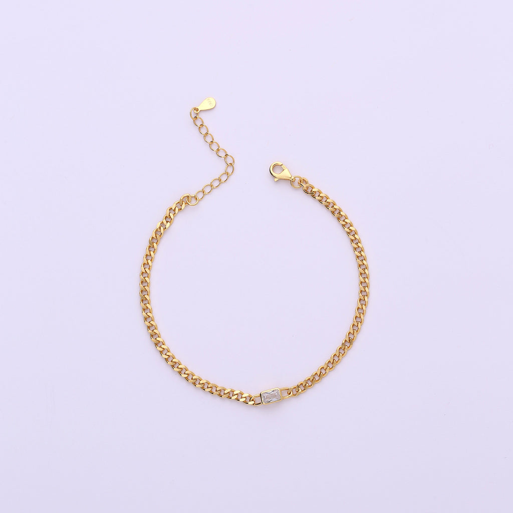 Gold Link Chain Bracelet with Baguette Cut Emerald Stone Charm