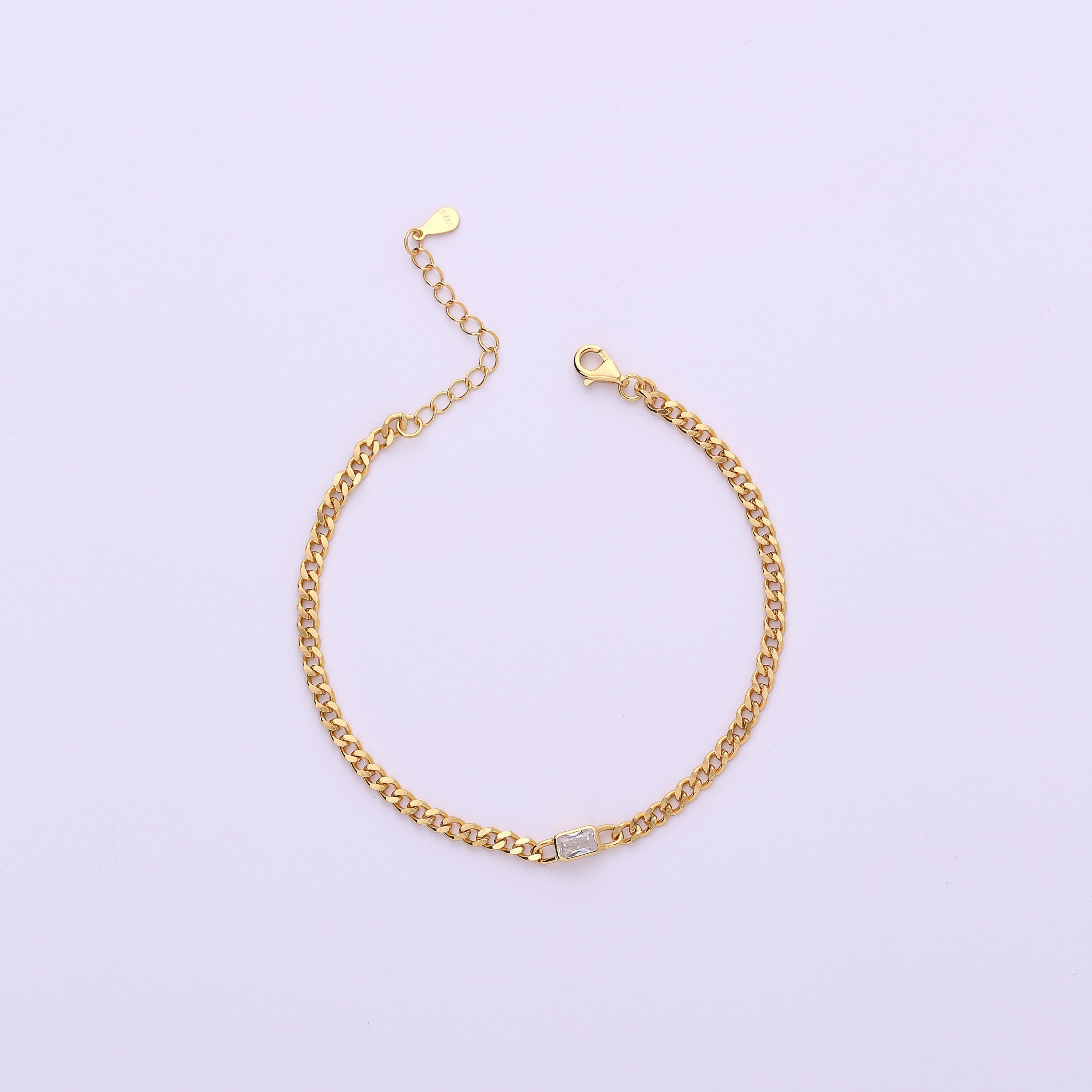 Gold Link Chain Bracelet with Baguette Cut Emerald Stone Charm