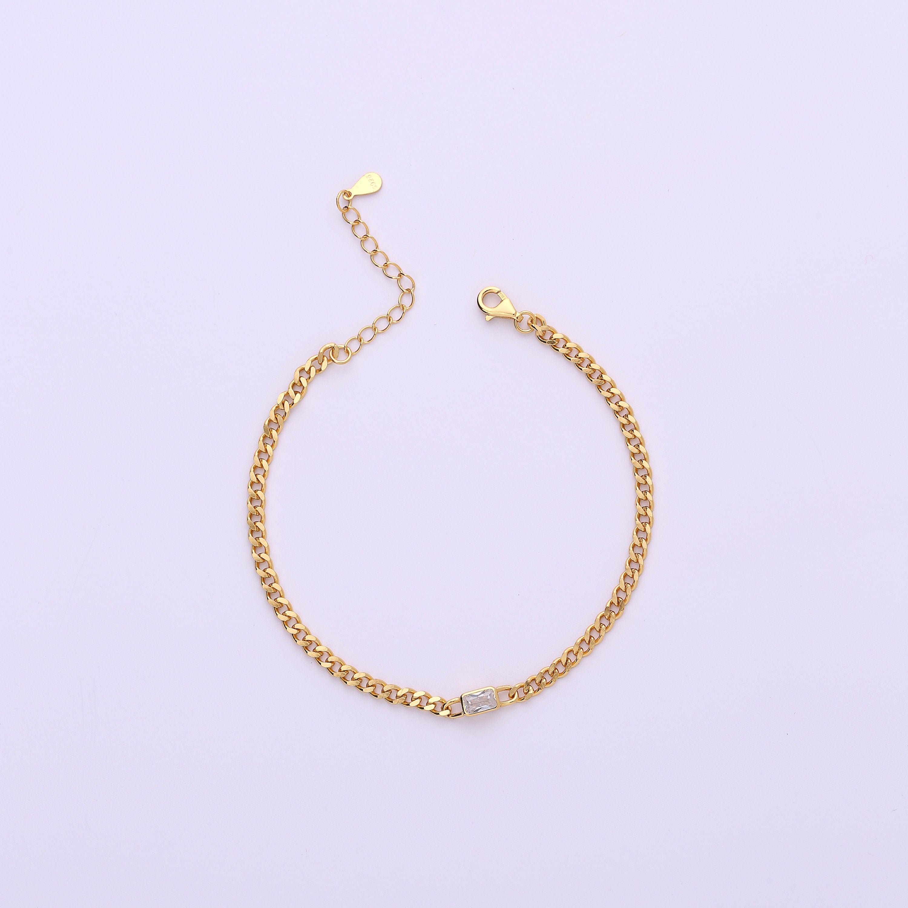 Sterling Silver Link Chain Bracelet with Baguette Cut CZ