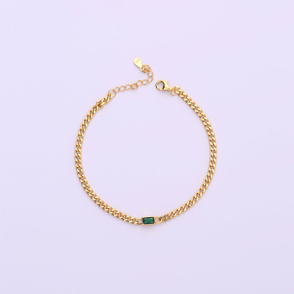 Sterling Silver Link Chain Bracelet with Baguette Cut CZ