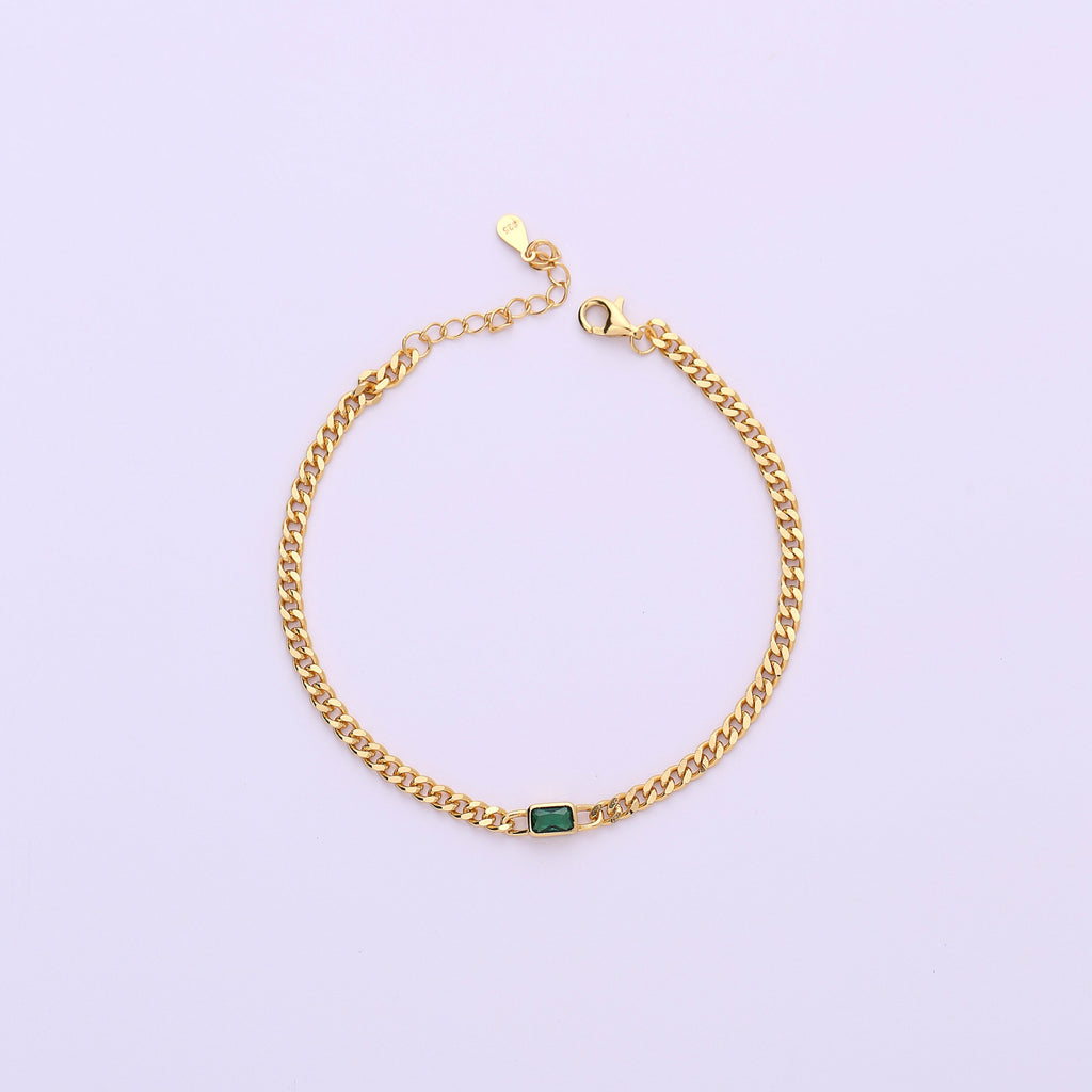 Gold Link Chain Bracelet with Baguette Cut Emerald Stone Charm