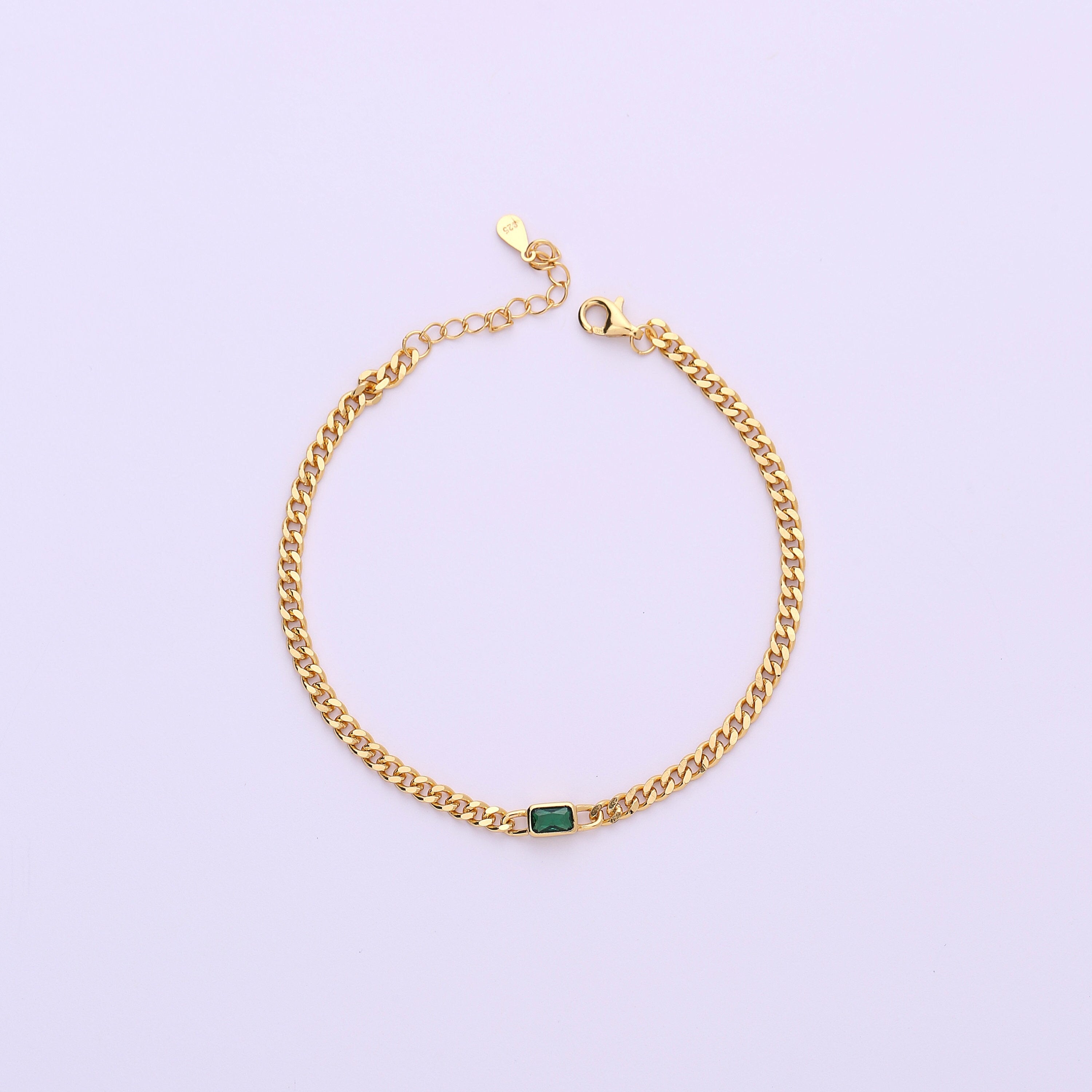 Gold Link Chain Bracelet with Baguette Cut Emerald Stone Charm