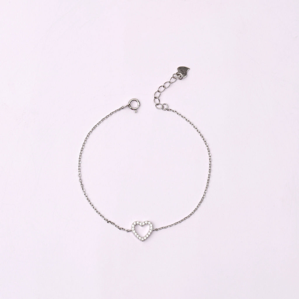 Tiny Pave Open Heart Charm Bracelet in Sterling Silver