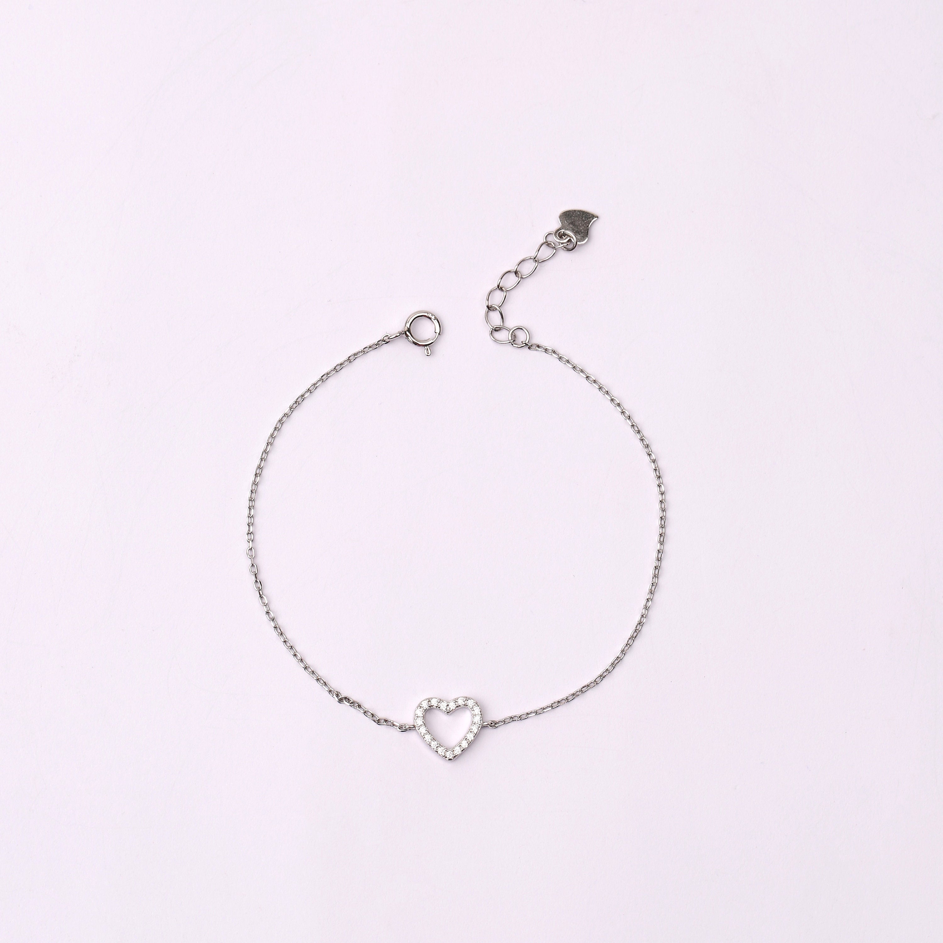 Tiny Pave Open Heart Charm Bracelet in Sterling Silver