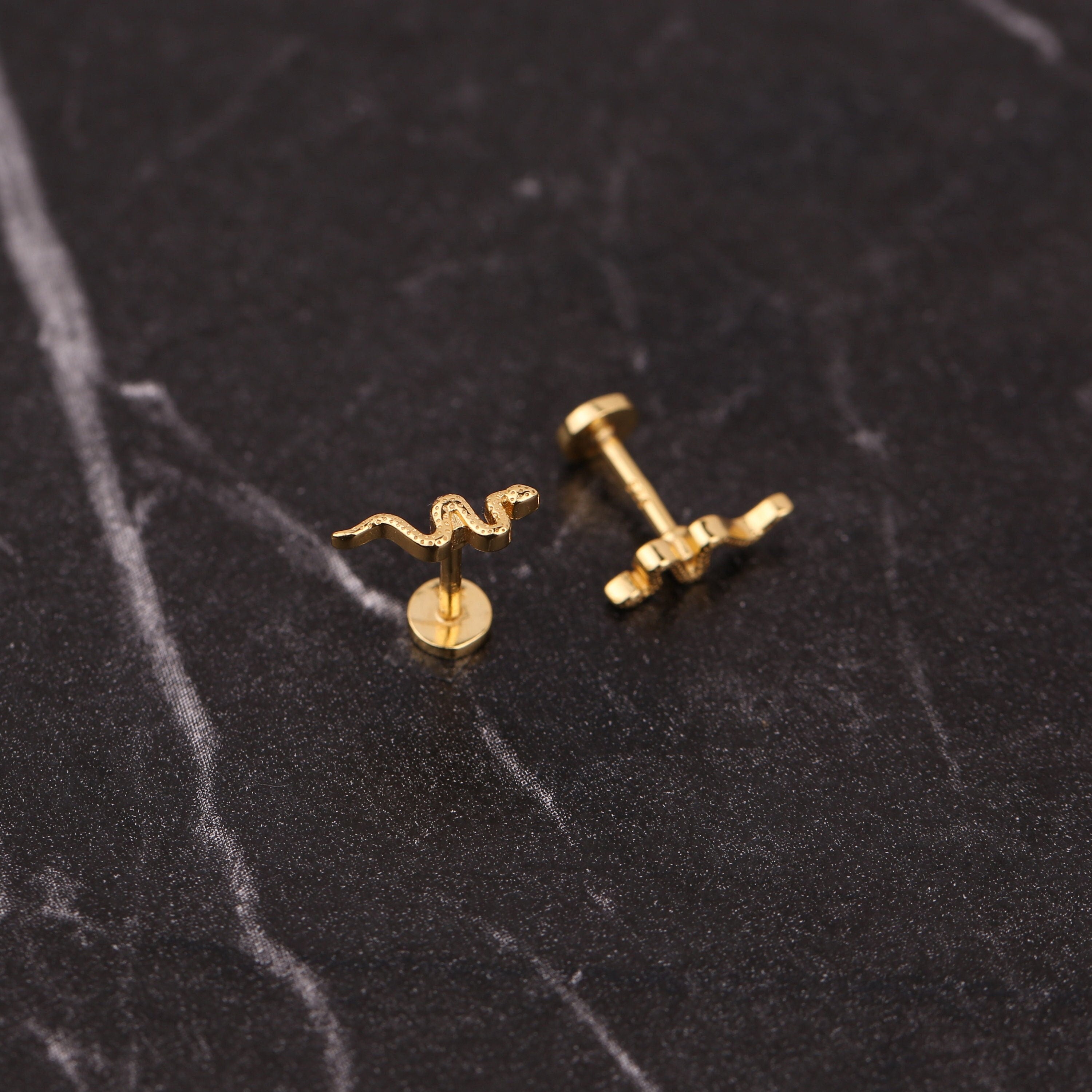 Tiny Snake Externally Threaded Flat Back Stud Earring in