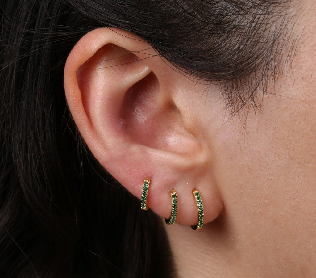 Tiny Emerald CZ Huggie Hoop Earrings