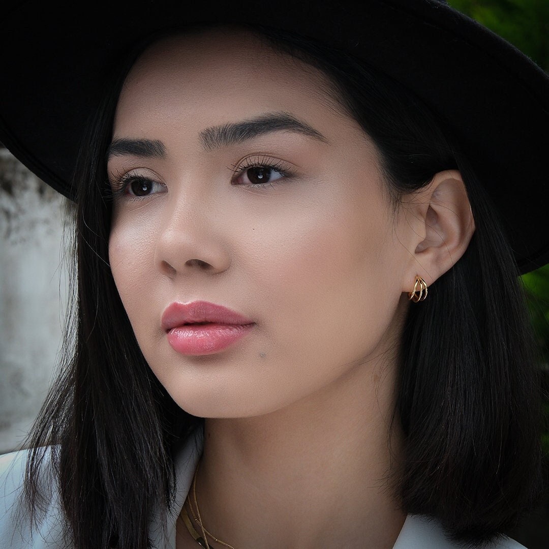 Triple Band Hoop Stud Earrings