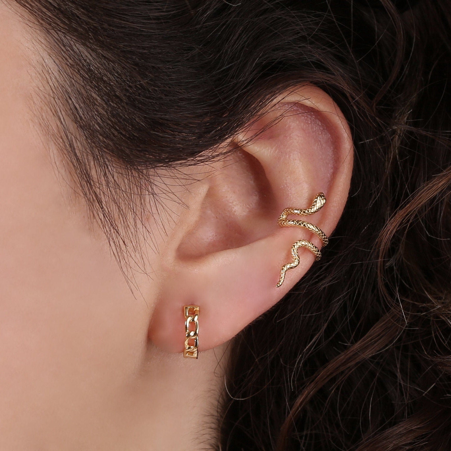 Tiny Gold Curb Chain Huggie Hoop Earrings