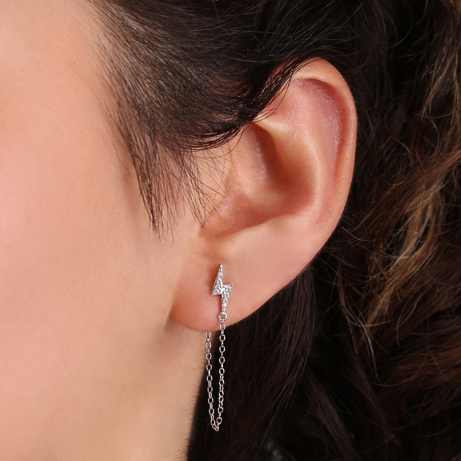 Pave Lightning Bolt Stud Earrings with Dangle Chain