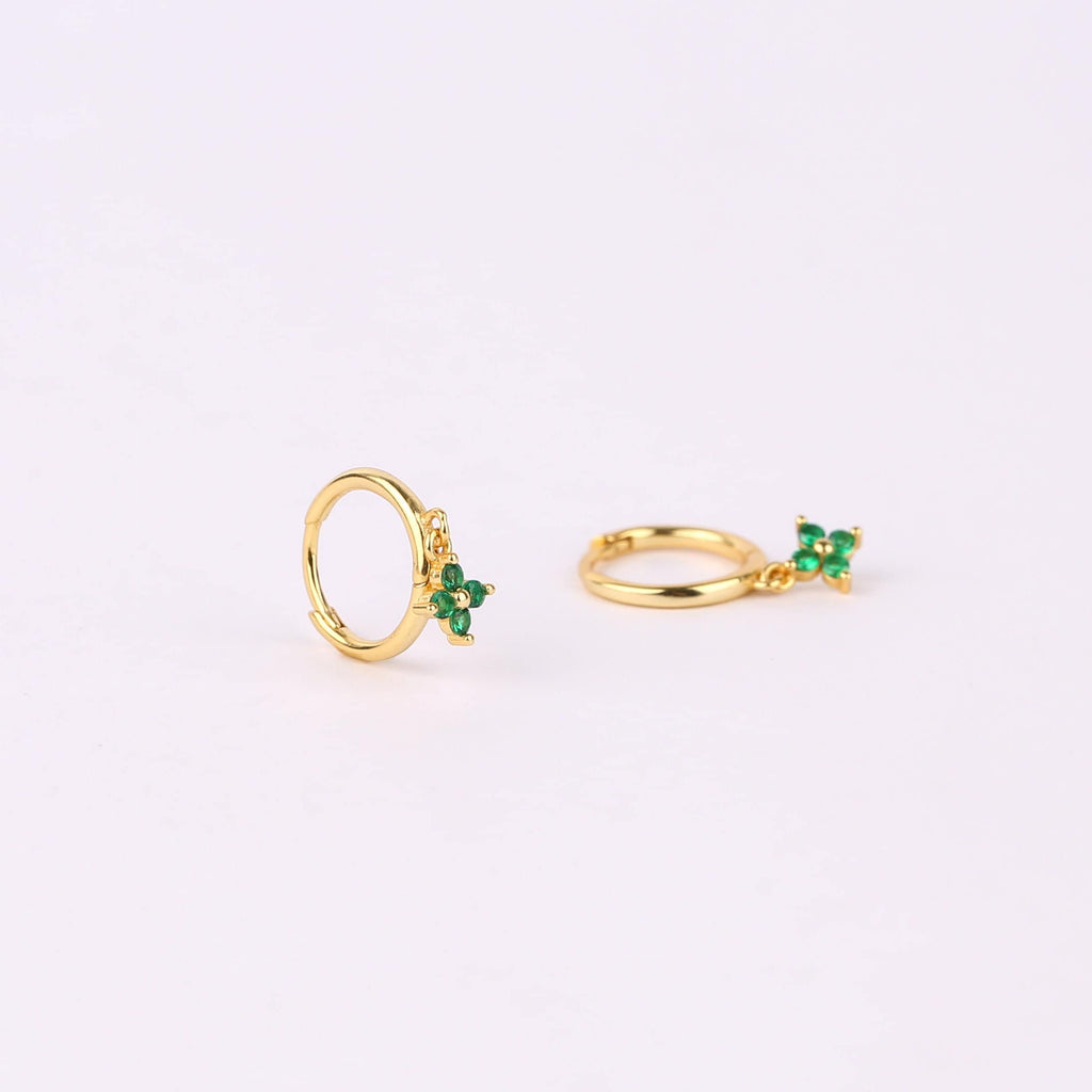 Emerald Flower Charm Dangle Hoop Earrings