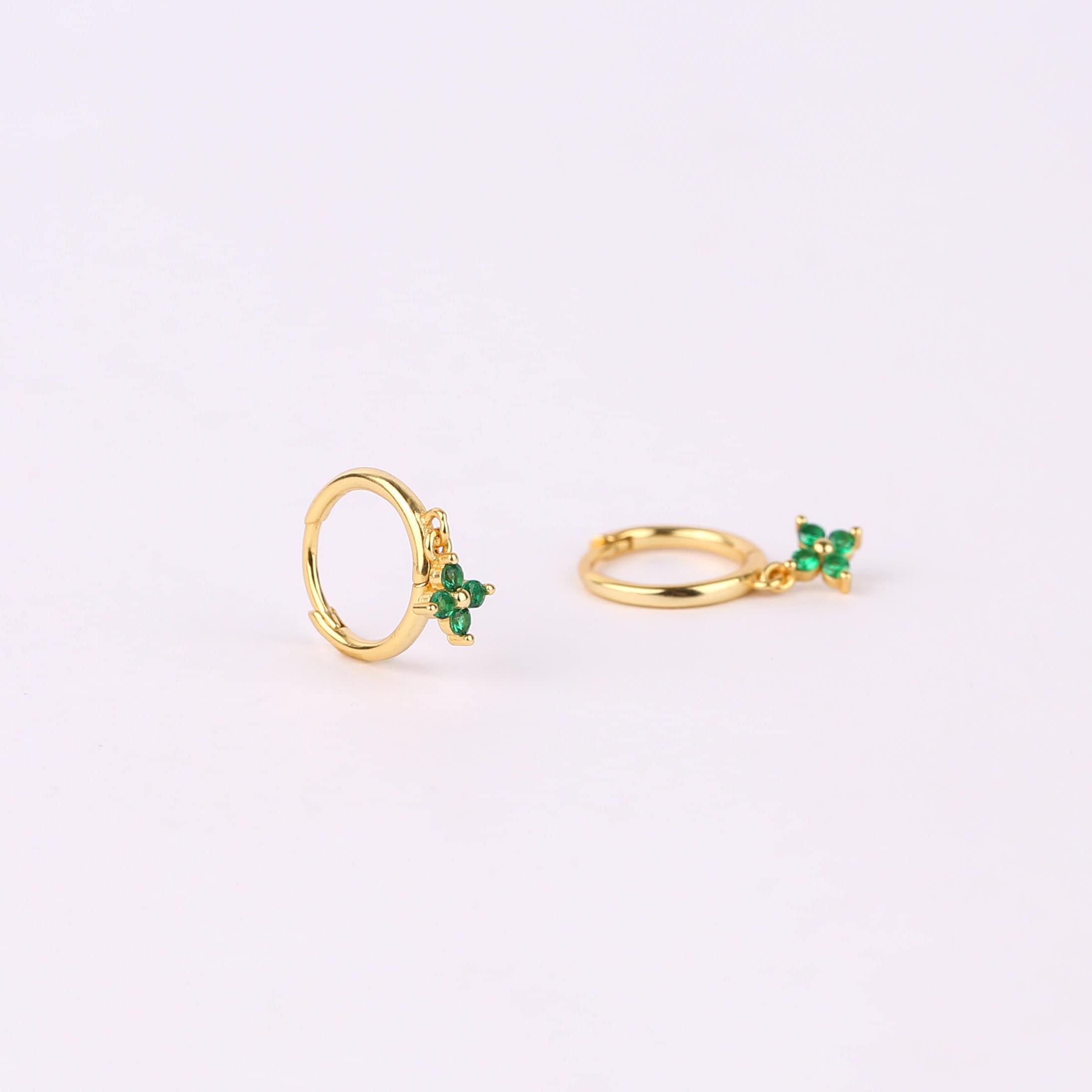 Emerald Flower Charm Dangle Hoop Earrings