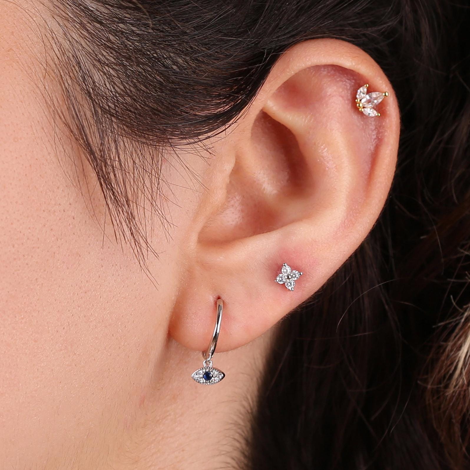 Tiny Evil Eye Charm Huggie Drop Hoop Earrings