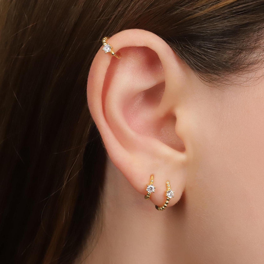 Diamond CZ Beaded Gold Huggie Hoop Earrings Set for Multiple