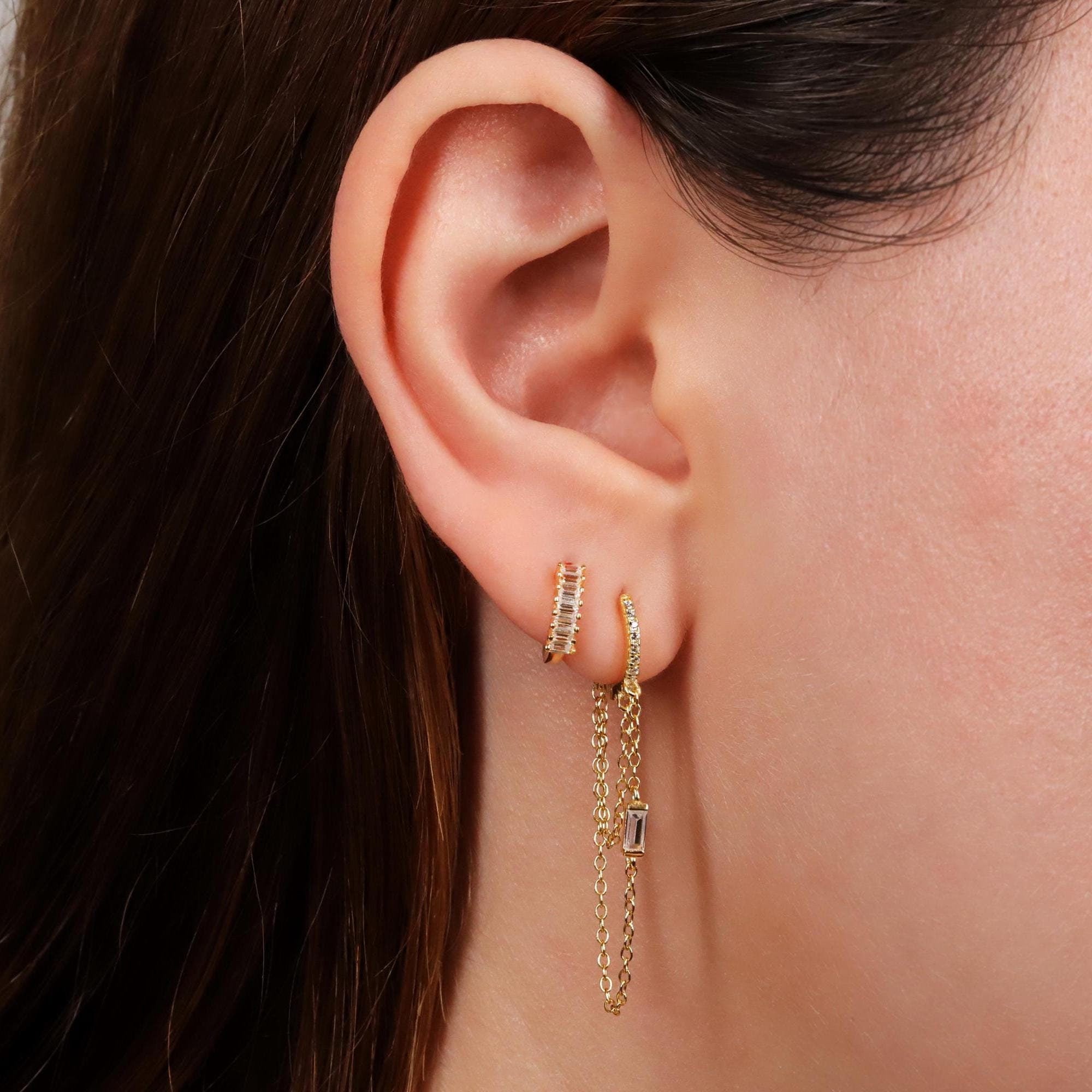 Sterling Silver Baguette CZ Huggie Drop Hoop Earrings with