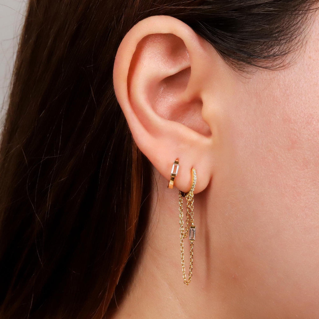 Sterling Silver Baguette CZ Huggie Drop Hoop Earrings with