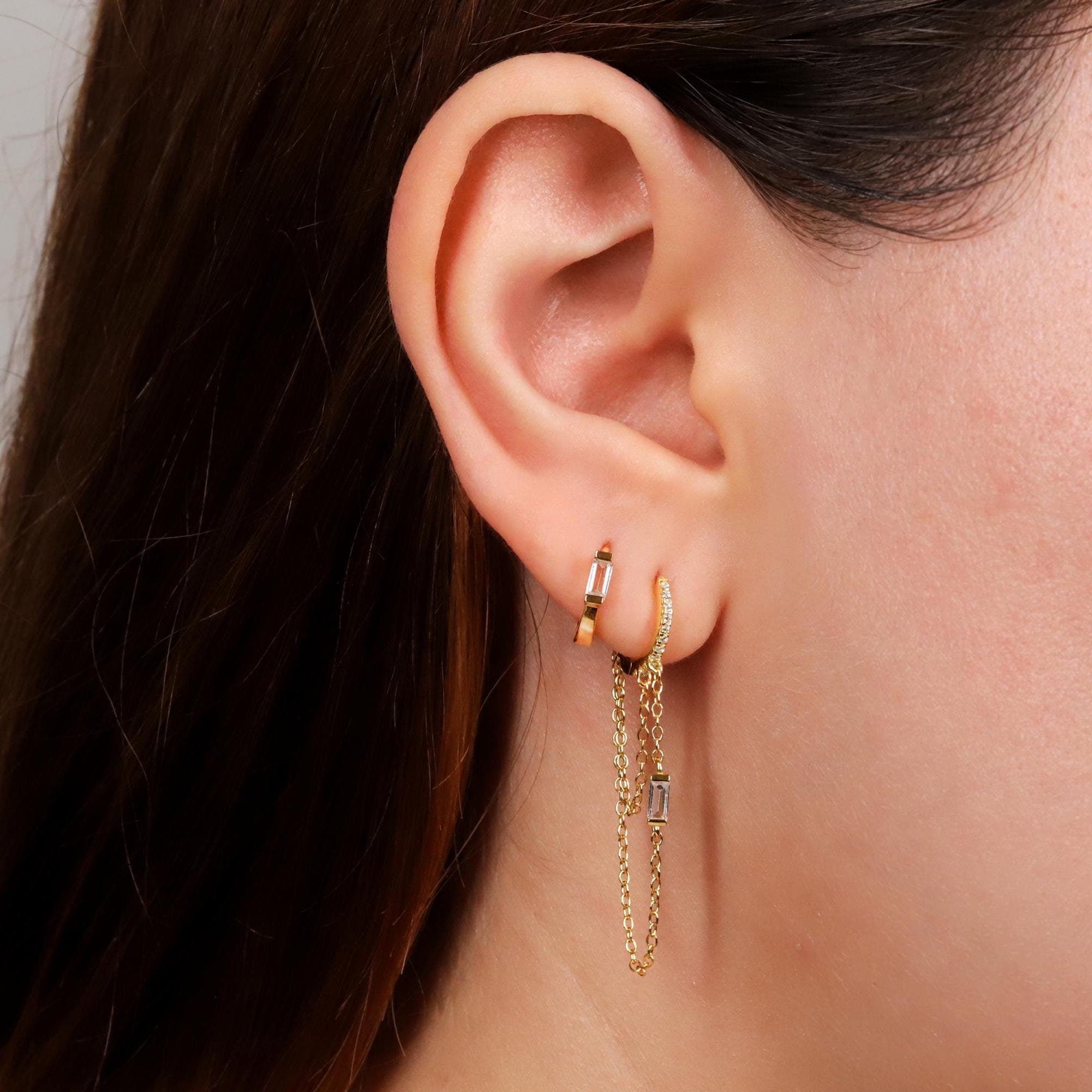 Sterling Silver Baguette CZ Huggie Drop Hoop Earrings with
