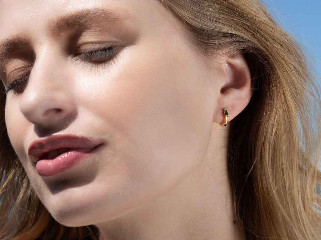 Emerald Baguette Huggie Hoop Earrings