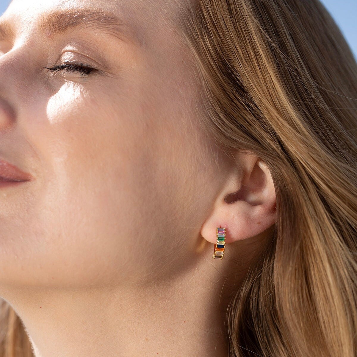 Rainbow CZ Huggie Hoop Earrings