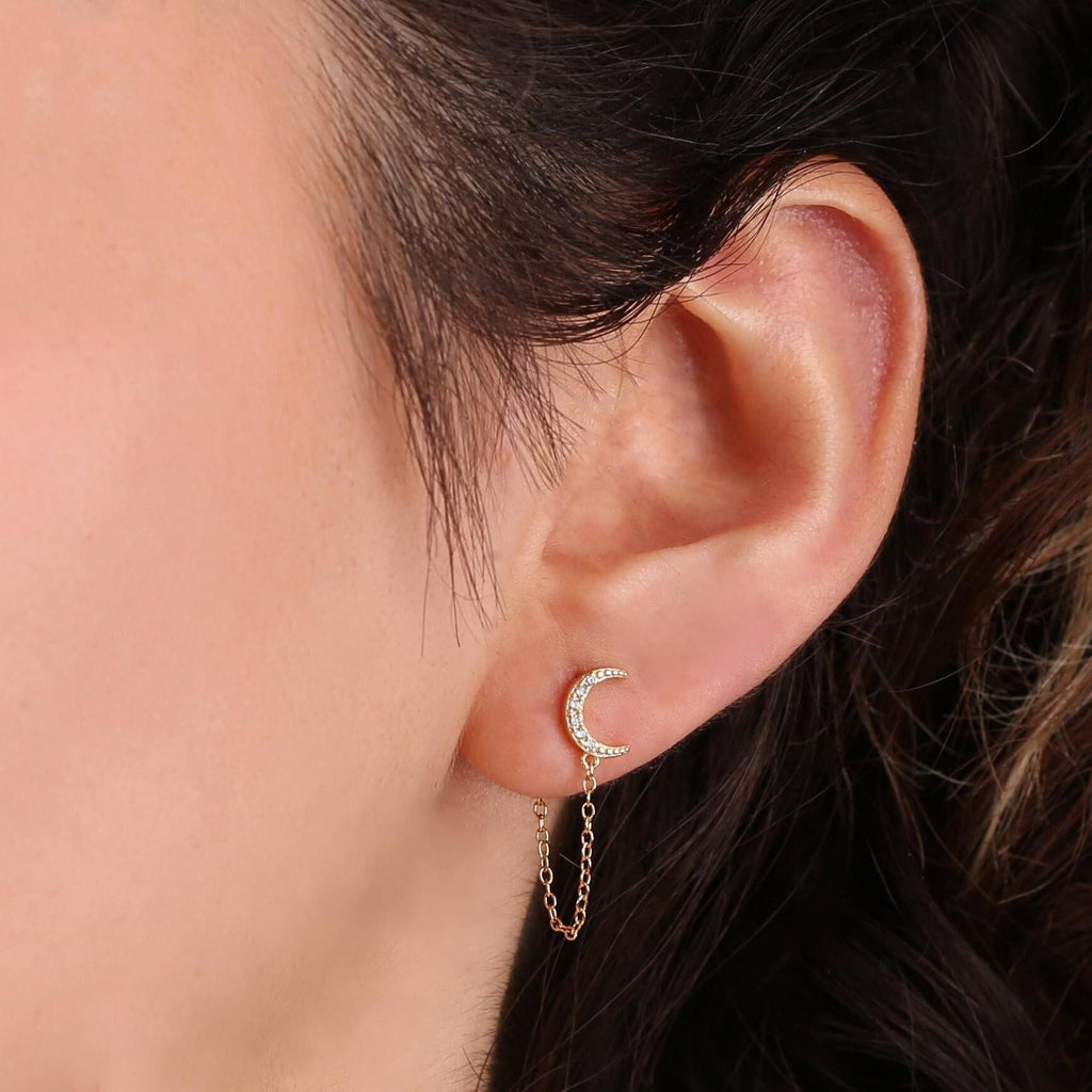 Crescent Moon Chain Stud Earrings