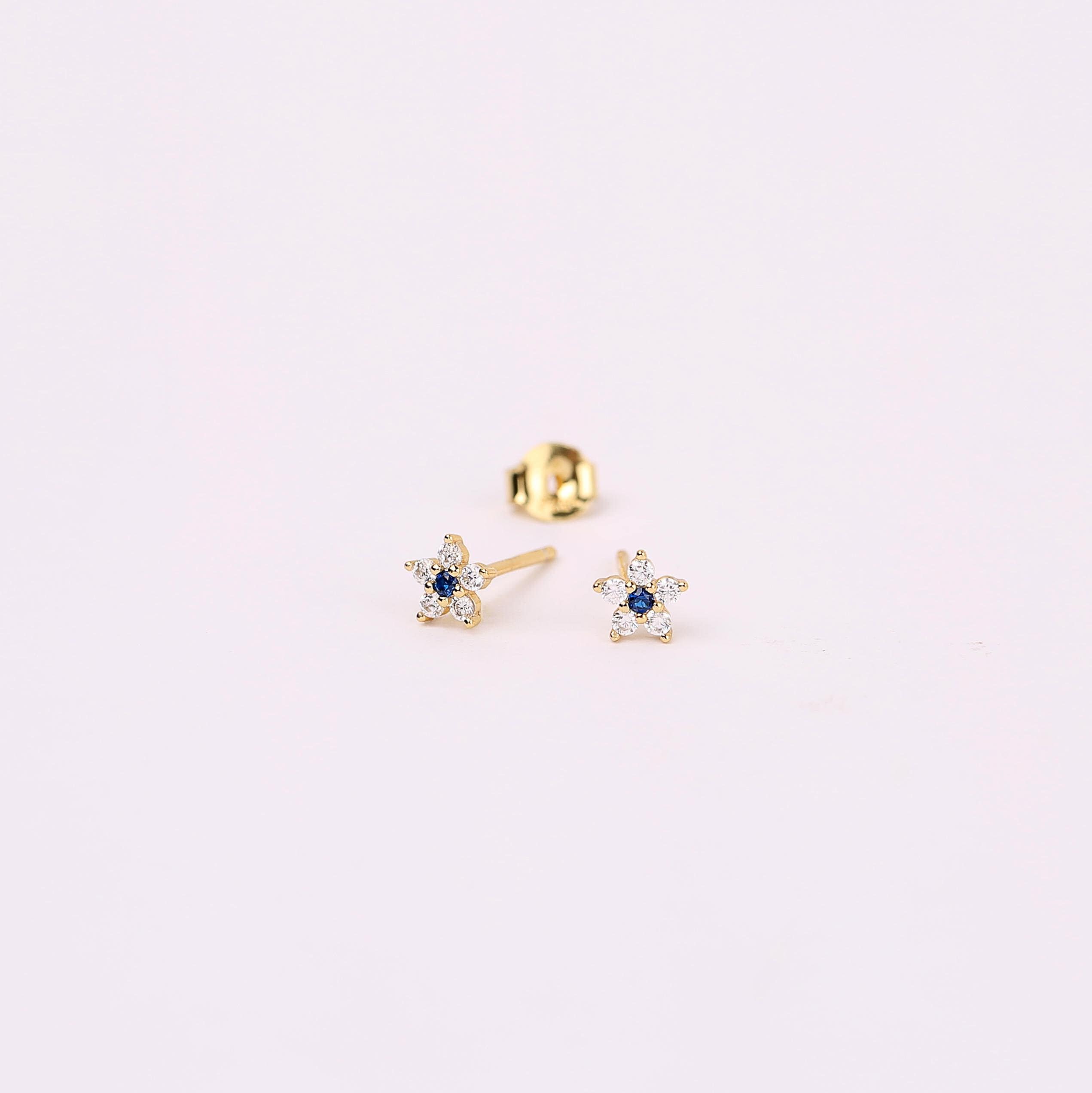 Tiny Sapphire Flower Stud Earrings