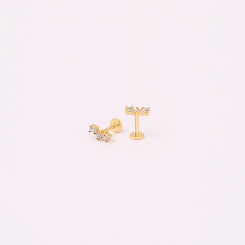 18G Three CZ Stone Threadless End Push Pin Labret Gold Flat