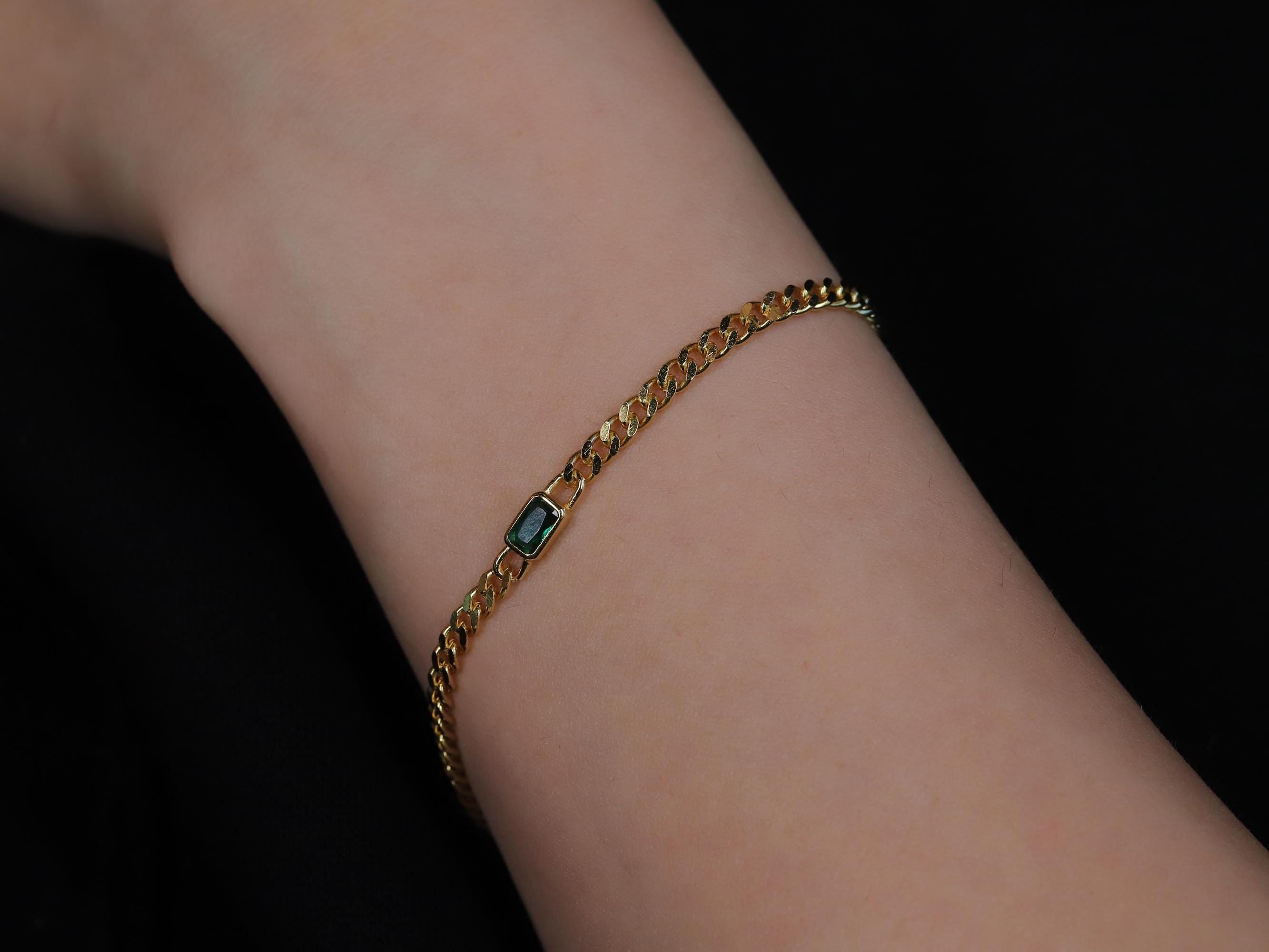 Gold Link Chain Bracelet with Baguette Cut Emerald Stone Charm