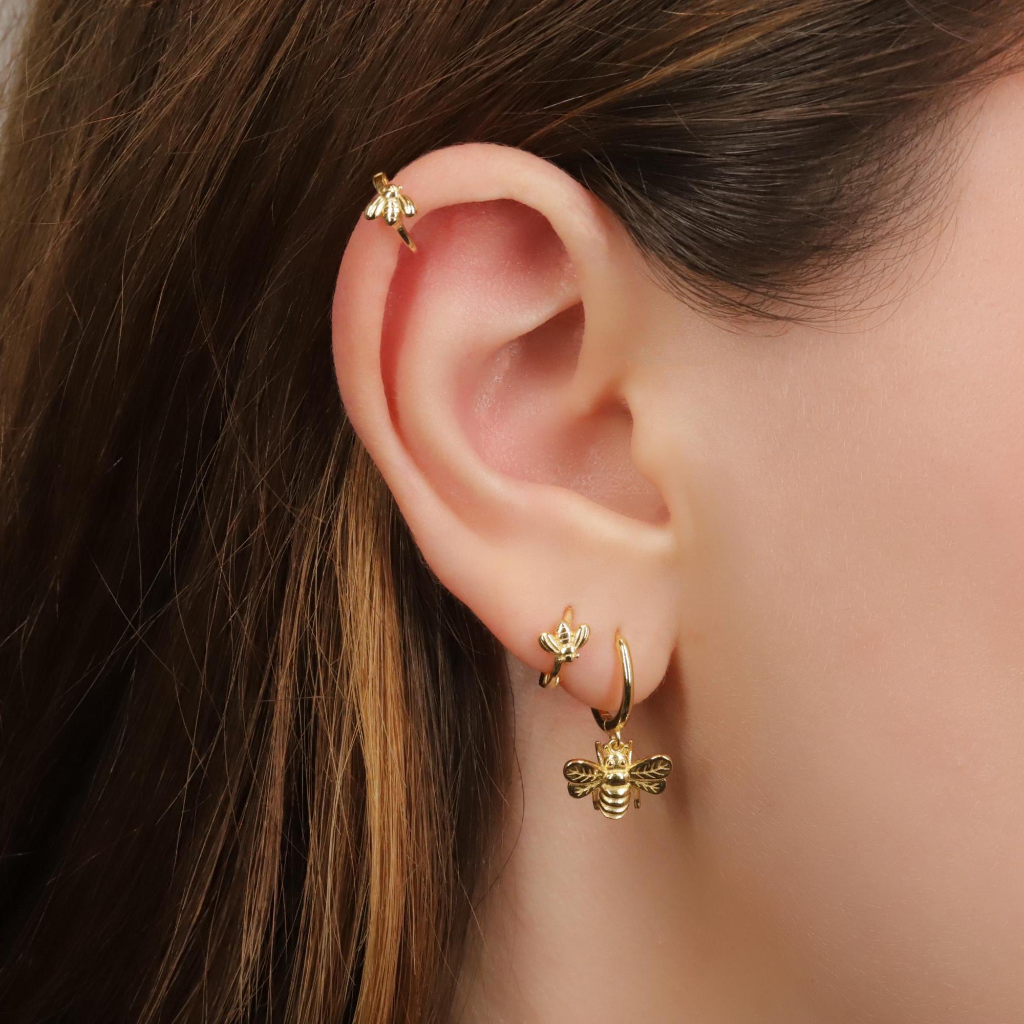 Bee Charm Dangle Hoop Earrings