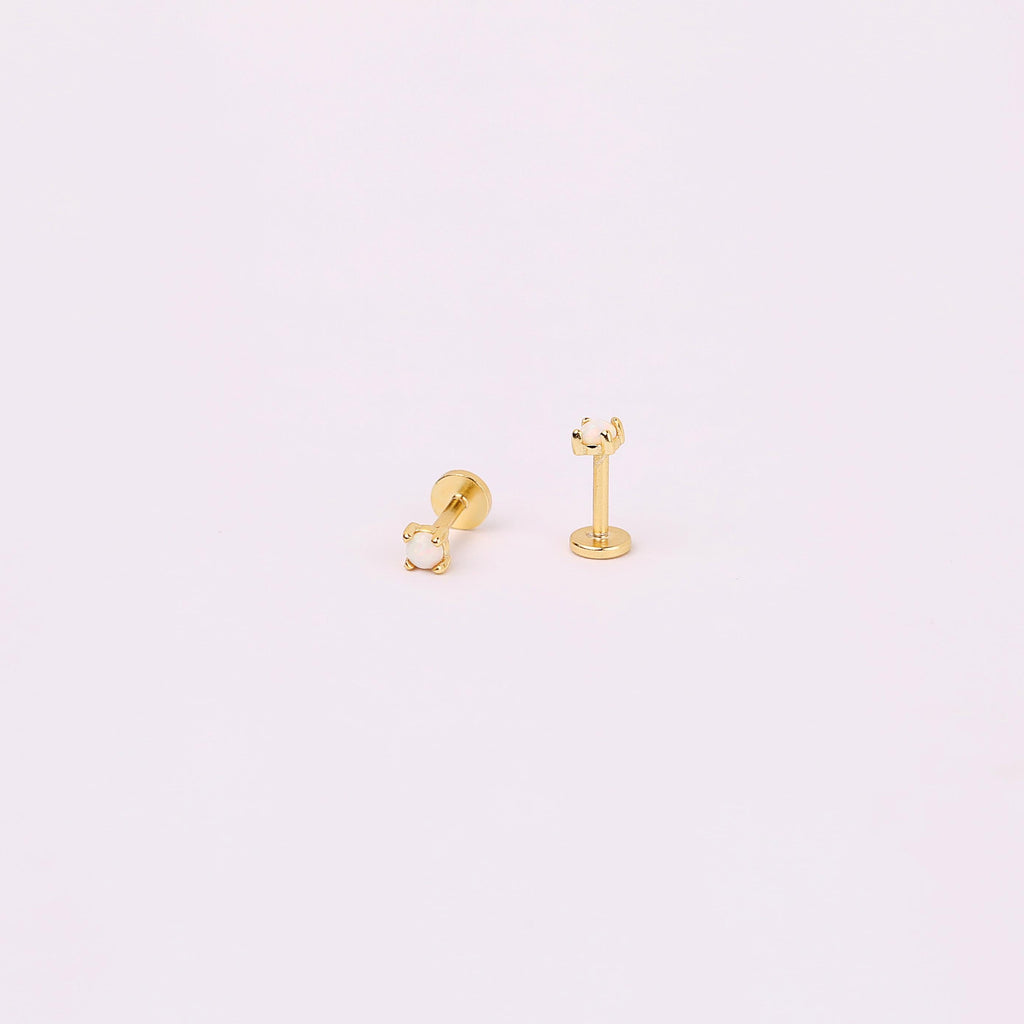 18G White Opal Threadless Push Pin Flat Back Labret Stud