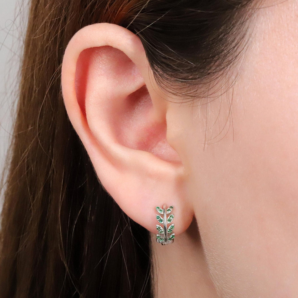 Emerald Green CZ Olive Leaf Huggie Hoop Earrings
