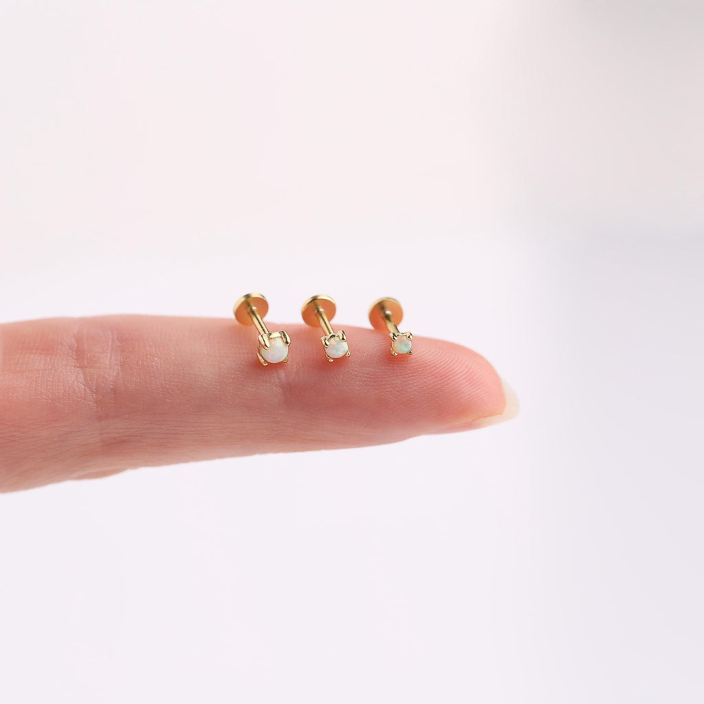 18G White Opal Threadless Push Pin Flat Back Labret Stud