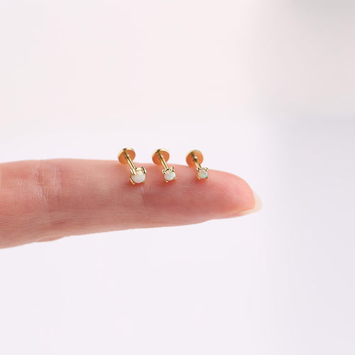 18G White Opal Threadless Push Pin Flat Back Labret Stud