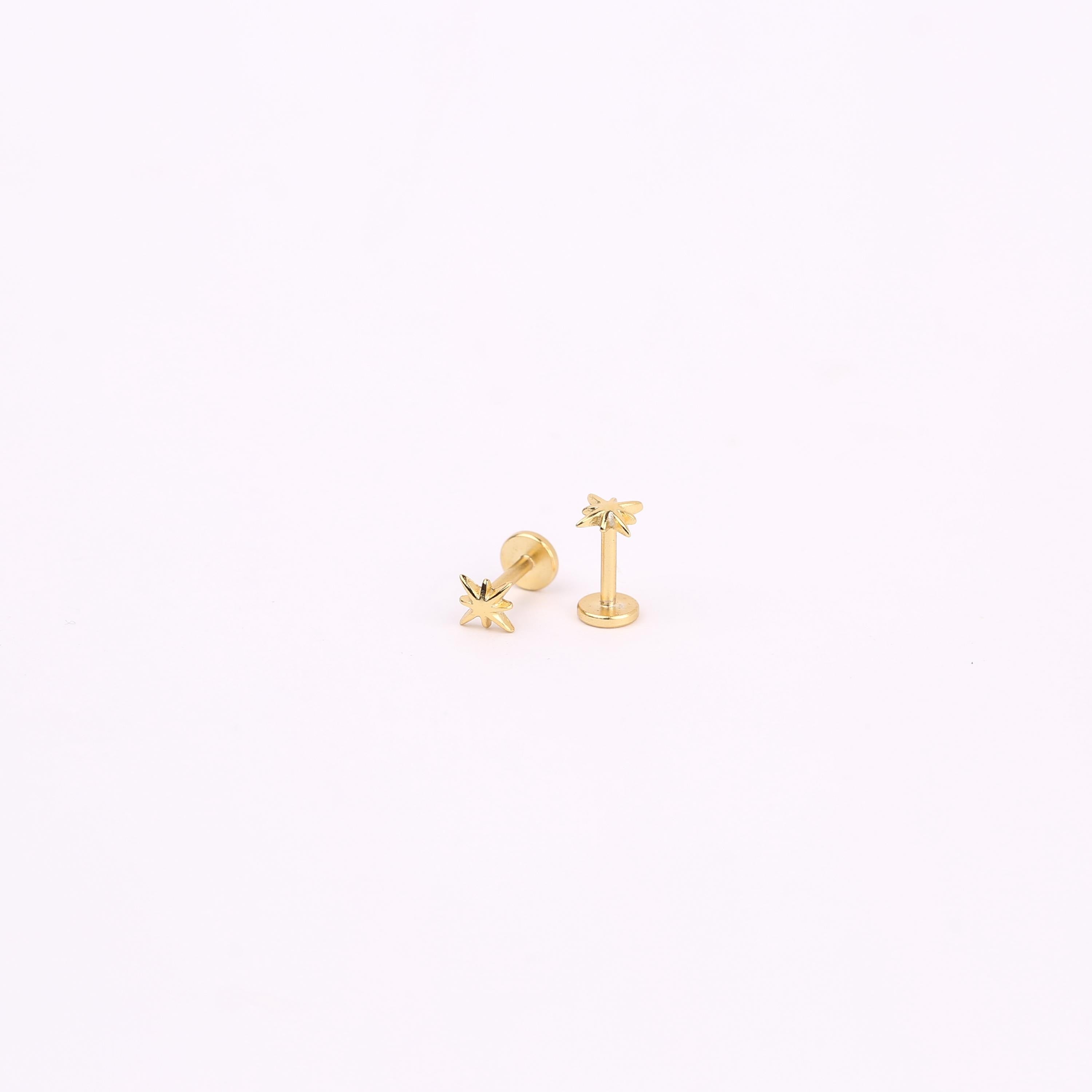 18G Starburst Threadless Push Pin Gold Flat Back Stud Earring