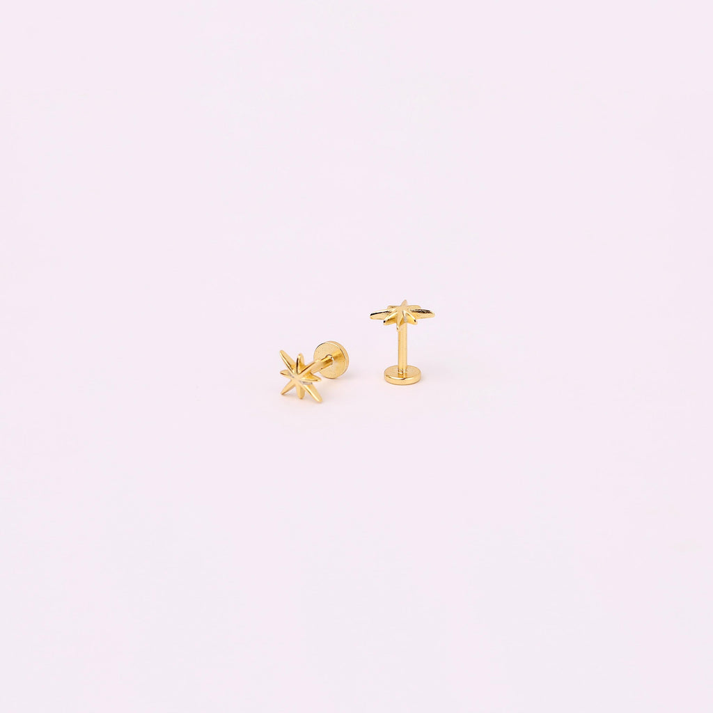 18G Starburst Threadless Push Pin Gold Flat Back Stud Earring