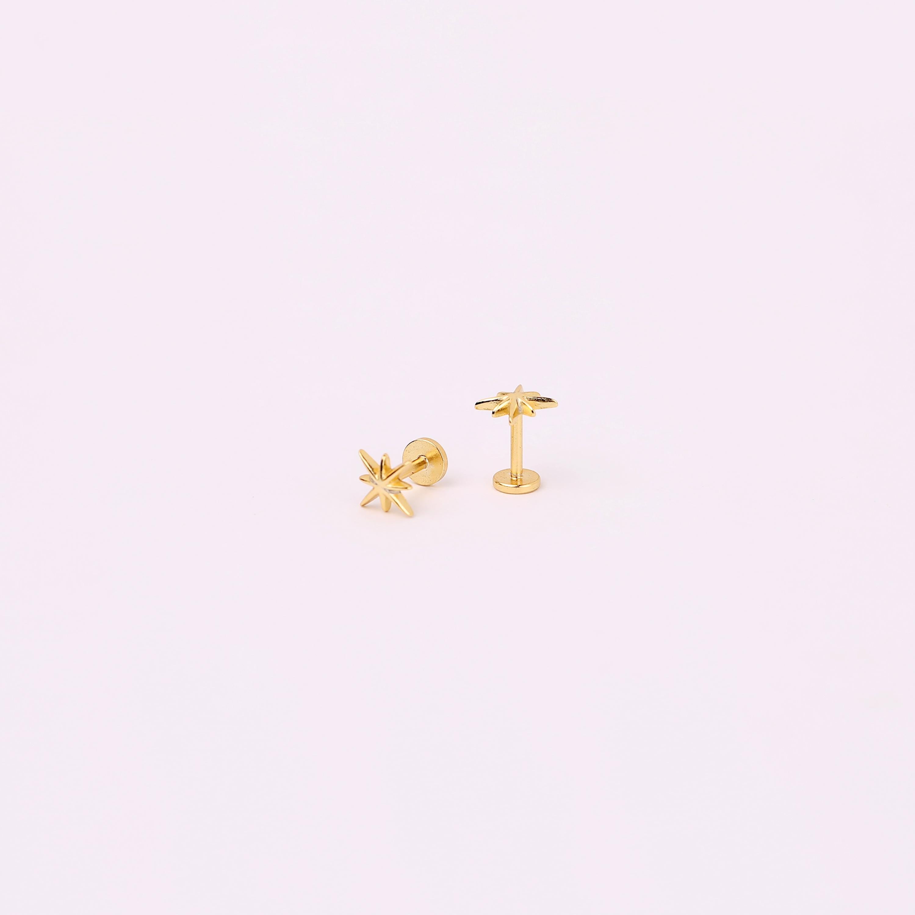 18G Starburst Threadless Push Pin Gold Flat Back Stud Earring