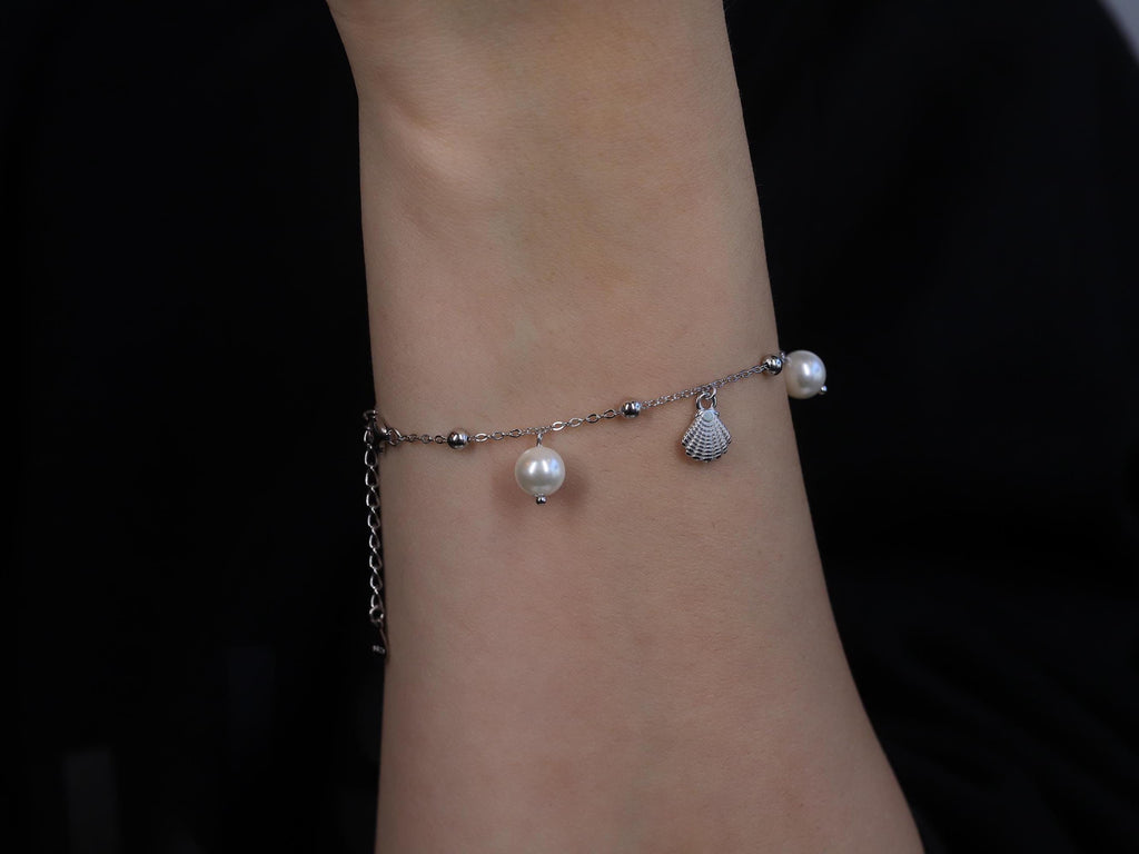 Dangling Pearl and Seashell Charm Bracelet in Sterling Silver