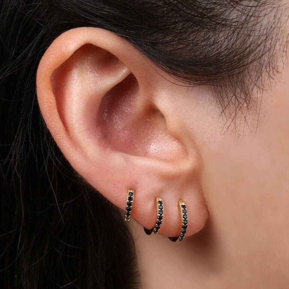 Black CZ Pave Huggie Hoop Earrings
