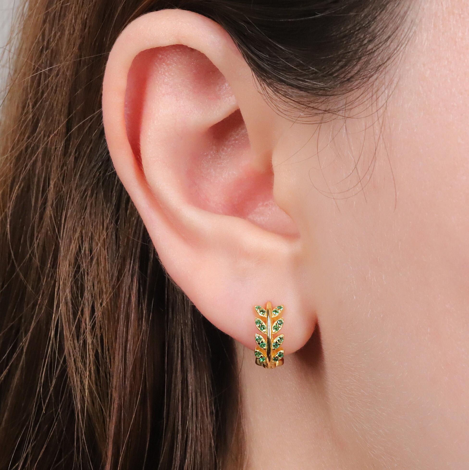 Emerald Green CZ Olive Leaf Huggie Hoop Earrings