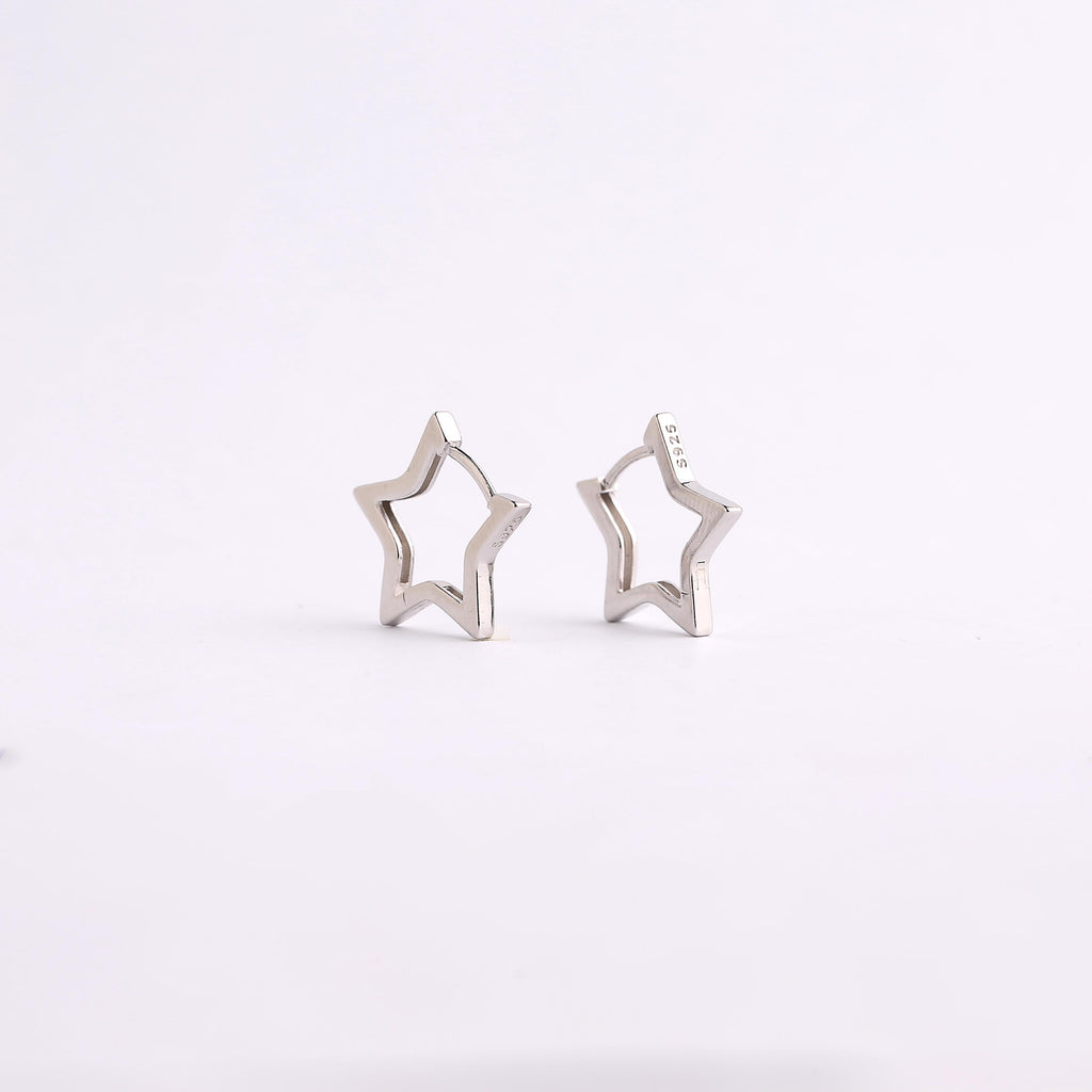 Gold Open Star Huggie Hoop Earrings: 925 Sterling Silver