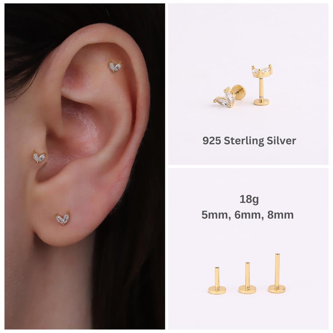 18G Leaf Threadless End Push Pin Labret Flat Back Stud