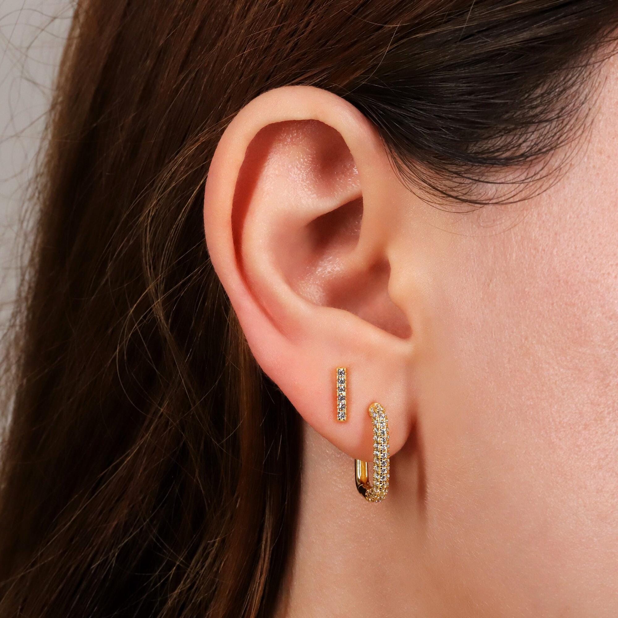 Sterling Silver Pave CZ Bar Stud Earrings
